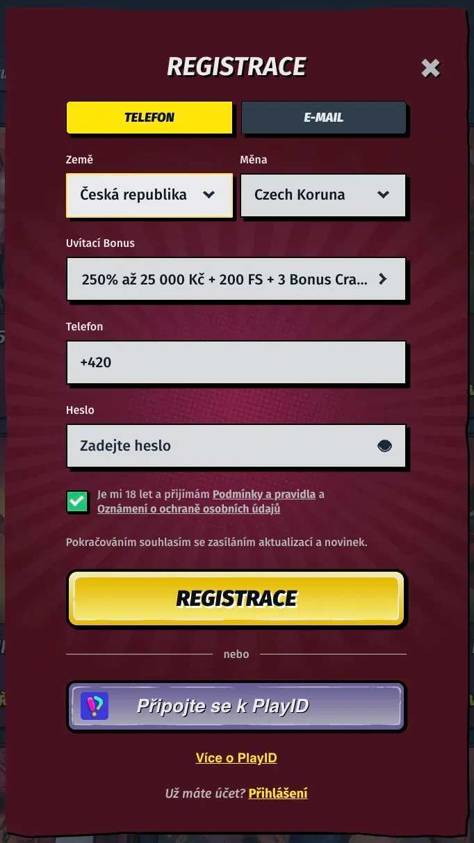 Registrační formulář v kasinu Allyspin